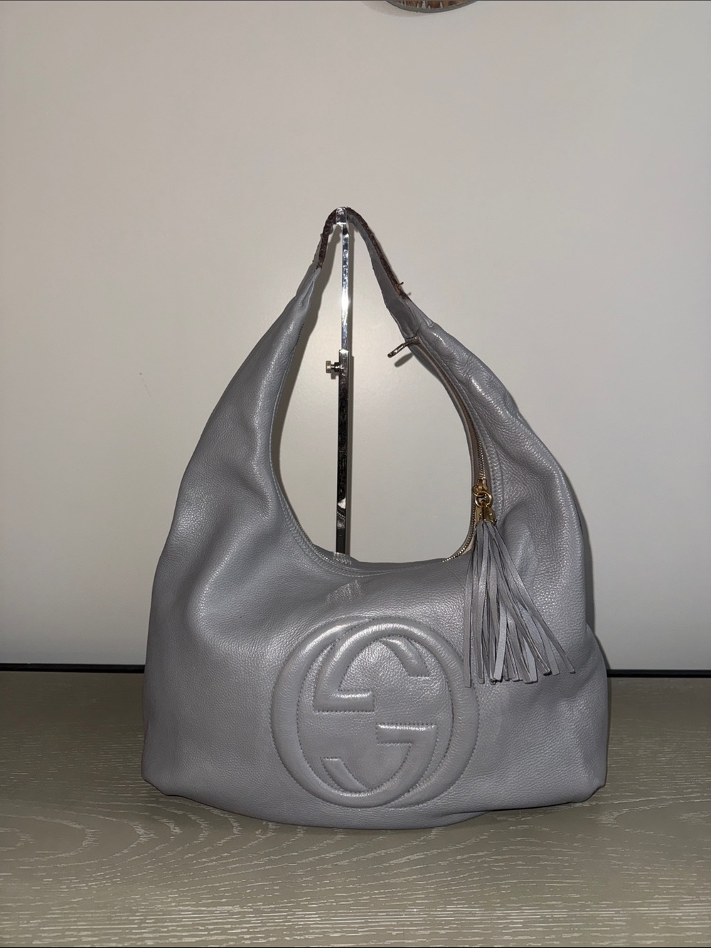 Gucci Light Grey Pebbled Leather Hobo with Tassel